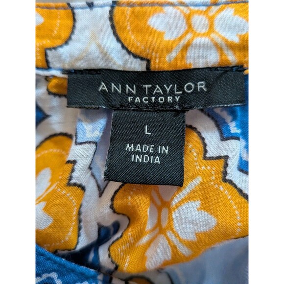 Ann Taylor Factory Blouse Womens L Blue Yellow Tile Floral Boho Hippie Top Tunic - Picture 3 of 12
